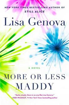 Cover of "More or Less Maddy" by Lisa Genova, featuring abstract blue and green starburst designs.