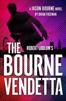 Silhouette of a person running with "The Bourne Vendetta" cover text over a striped pink and purple background.