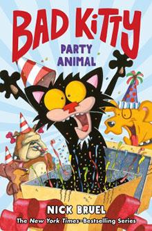 Cover of "Bad Kitty: Party Animal" showing a joyful cat popping out of a gift box with confetti and two dogs.