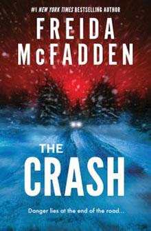 Book cover with a snowy road and headlights shining through trees. Title: "The Crash" by Freida McFadden.