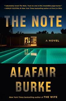 Book cover of "The Note" by Alafair Burke, featuring a house and pool at twilight.