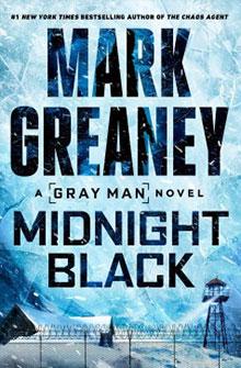 Book cover of "Midnight Black" by Mark Greaney, featuring a snowy background and a fenced watchtower.