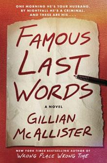 Book cover of "Famous Last Words" by Gillian McAllister, featuring a torn paper with a pen on a red background.