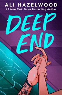 Cover of "Deep End" by Ali Hazelwood, featuring two hands intertwined against a blue and purple background.