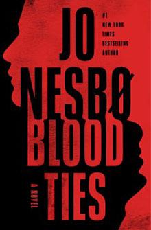 Red and black book cover of "Blood Ties" by Jo Nesbø, featuring silhouette profiles.