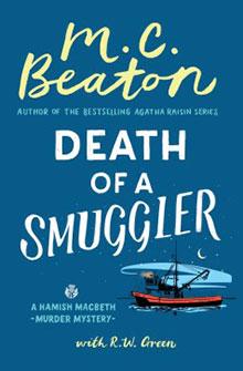 Book cover of "Death of a Smuggler" by M.C. Beaton, featuring a boat and crescent moon on a blue background.