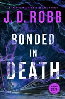 Cover of "Bonded in Death" by J.D. Robb, with purple and blue swirling smoke and a cityscape at the bottom.