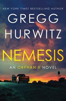 Cover of "Nemesis" by Gregg Hurwitz, featuring a sunset sky over a road with a car and a trailer.