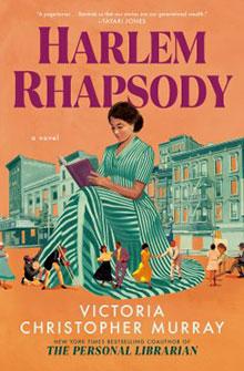 A woman in a green dress reads a book with a city backdrop on the "Harlem Rhapsody" book cover.