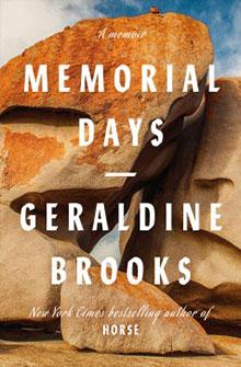 Book cover featuring large rocks under a blue sky for "Memorial Days" by Geraldine Brooks.