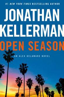 Book cover: "Open Season" by Jonathan Kellerman, with silhouetted palm trees against a sunset sky.