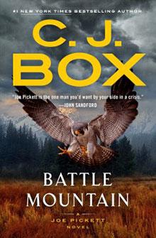 Book cover of "Battle Mountain" by C.J. Box, featuring a hawk in flight over a mountain landscape.