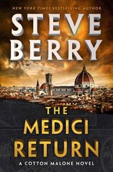 Book cover of "The Medici Return" by Steve Berry, featuring a panoramic view of Florence with the Duomo.