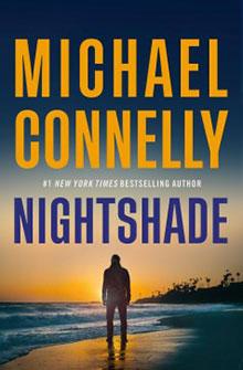 A person stands on a beach at sunset; text reads "Michael Connelly Nightshade" above the figure.