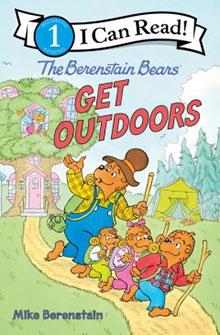 The Berenstain Bears family walks outside near trees, houses, and a tent; cover of "Get Outdoors" book.