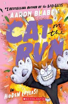 Book cover of "Cat on the Run" by Aaron Blabey, featuring an excited cartoon cat with raised paws on a pink background.