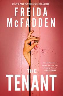 A hand pries open a red door on the cover of "The Tenant" by Freida McFadden.