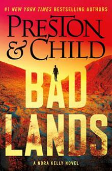 Book cover for "Badlands" by Preston & Child, featuring a figure walking in a barren, rocky landscape at sunset.