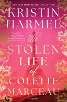 Book cover of "The Stolen Life of Colette Marceau" by Kristin Harmel, with an Eiffel Tower silhouette and floral design.