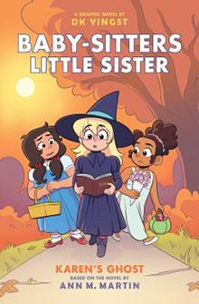 Three girls in costumes walk outside; one is dressed as a witch, and two carry baskets under a bright sky.
