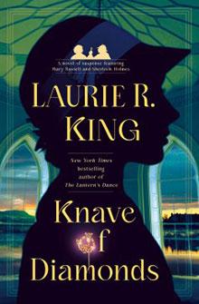 Book cover of "Knave of Diamonds" by Laurie R. King, featuring a silhouette and stained glass window design.