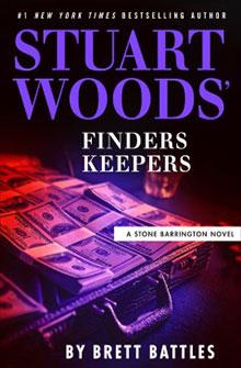 Book cover for "Finders Keepers" by Stuart Woods; an open briefcase filled with cash is under red light.