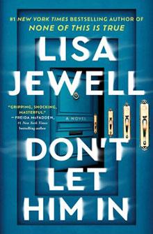 Book cover for "Don’t Let Him In" by Lisa Jewell with a blue door and gold handles in the background.