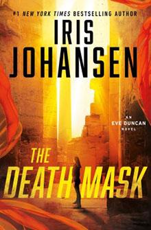 Book cover of "The Death Mask" by Iris Johansen, with a silhouetted figure and ancient ruins in warm yellow tones.
