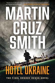 Book cover of "Hotel Ukraine" by Martin Cruz Smith featuring a silhouette and a city skyline.