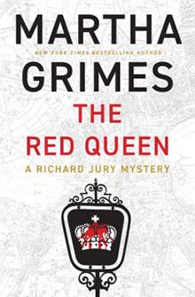 Book cover: "The Red Queen" by Martha Grimes, features a crown emblem and map background.