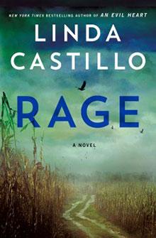 Book cover for "Rage" by Linda Castillo, showing a rural field with birds flying under a cloudy sky.