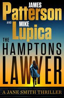 Book cover: "The Hamptons Lawyer" by James Patterson and Mike Lupica, with a woman walking toward a sunset.