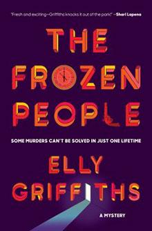 Book cover for "The Frozen People" by Elly Griffiths, with bold text and a glowing doorway at the bottom.