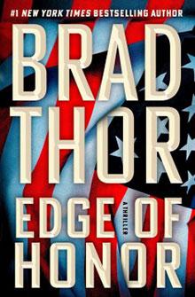 Book cover of "Edge of Honor" by Brad Thor, featuring large text over a waving American flag background.