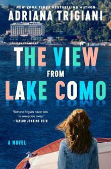 A woman on a boat looks toward a villa by Lake Como; book cover reads "The View from Lake Como.