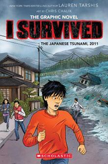 A boy and two others run from a massive tsunami wave in a Japanese town; book cover titled "I Survived.