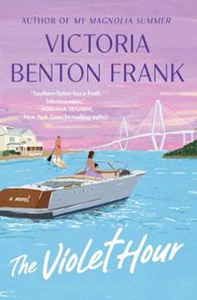 Book cover of "The Violet Hour" shows two women on a boat with a seaside town and pink sky in the background.