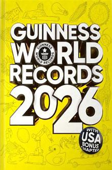 Guinness World Records 2026 book cover with bold yellow background and black and white text.