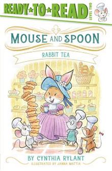 Illustrated mouse in a bonnet holds a spoon, surrounded by mice chefs with pastries in a bakery.