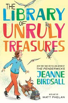 Cover of "The Library of Unruly Treasures" shows a girl and a dog looking up at flying books and birds.