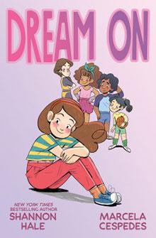 A girl sits cross-legged, smiling, with four friends standing behind her on the cover of "Dream On.