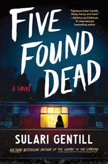 Book cover for "Five Found Dead" by Sulari Gentill, showing a silhouetted figure in a lit train window at night.