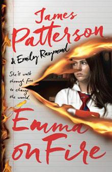 Book cover with burnt edges, a serious girl in uniform, and the title "Emma on Fire" by James Patterson.