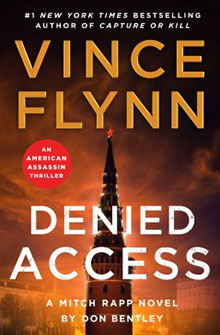 Book cover of "Denied Access" by Vince Flynn, featuring a city skyline at night with bold title text.
