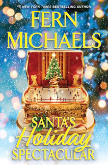 A festive book cover with a music box, Christmas tree, and the title "Santa's Holiday Spectacular" by Fern Michaels.