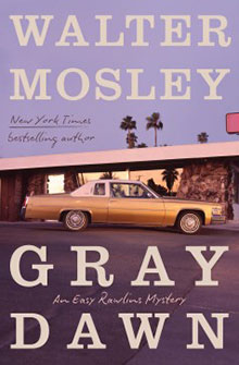 Book cover for "Gray Dawn" by Walter Mosley, featuring a yellow car under a pink sky with palm trees.
