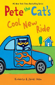 Cartoon cat driving a blue car with flames; house and tree in background; text reads "Pete the Cat's Cool New Ride.