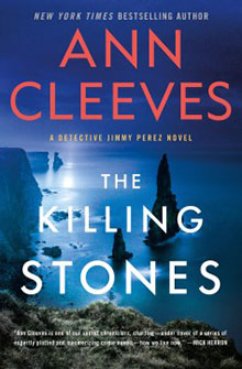 Book cover for "The Killing Stones" by Ann Cleeves, with sea cliffs and a blue-toned coastal view at dusk.