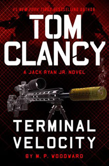 Book cover for "Tom Clancy: Terminal Velocity" shows a sniper rifle with a silencer, set against a dark red background.