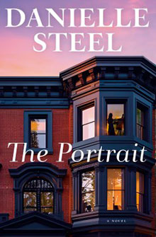 Book cover for "The Portrait" by Danielle Steel, showing a woman silhouetted in a bay window at sunset.